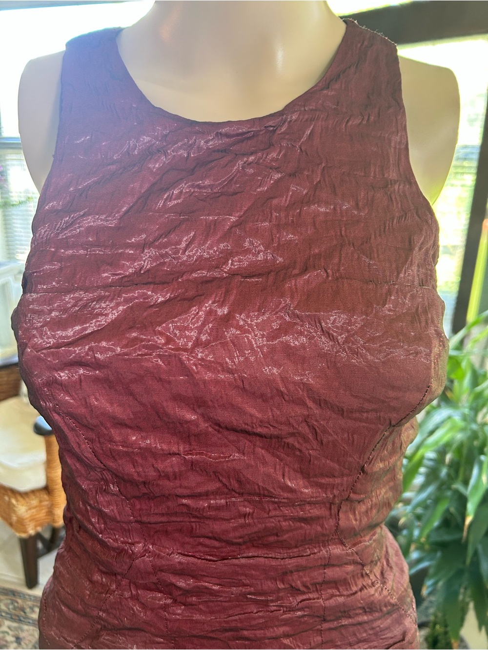Nicole Miller Crinkled Sleeveless Midi Dress in Burgundy